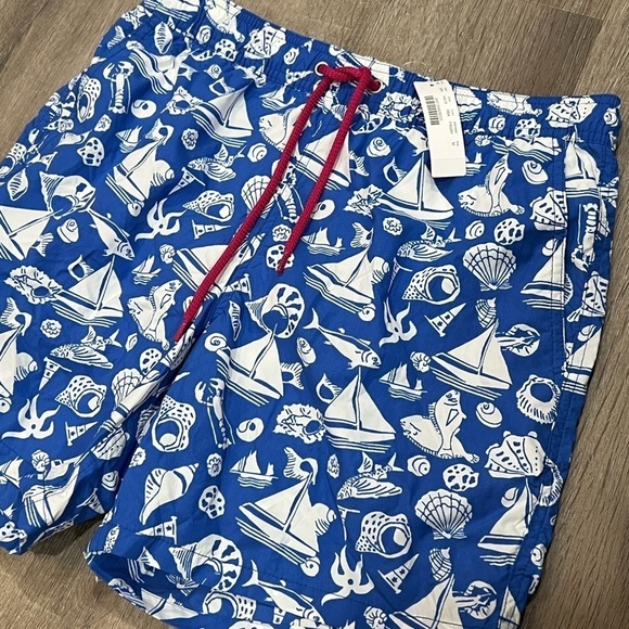 NWT J. Crew Size M 6” Stretch Swim Trunks Blue Lobster Sailboat Shell Summer - Picture 2 of 9